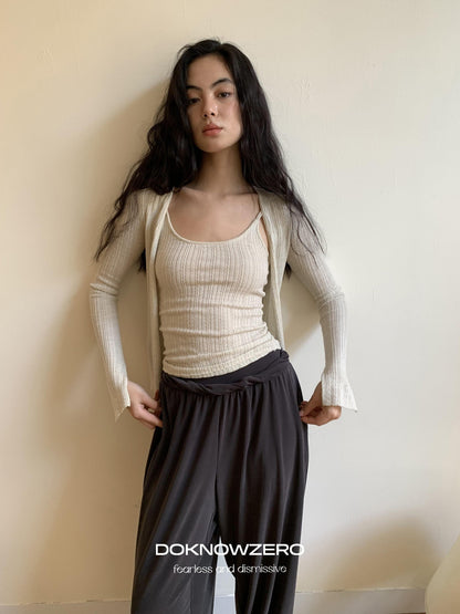 DKZ OFFICIAL Apricot Yellow Openwork Ribbed Knit Two Piece Women&