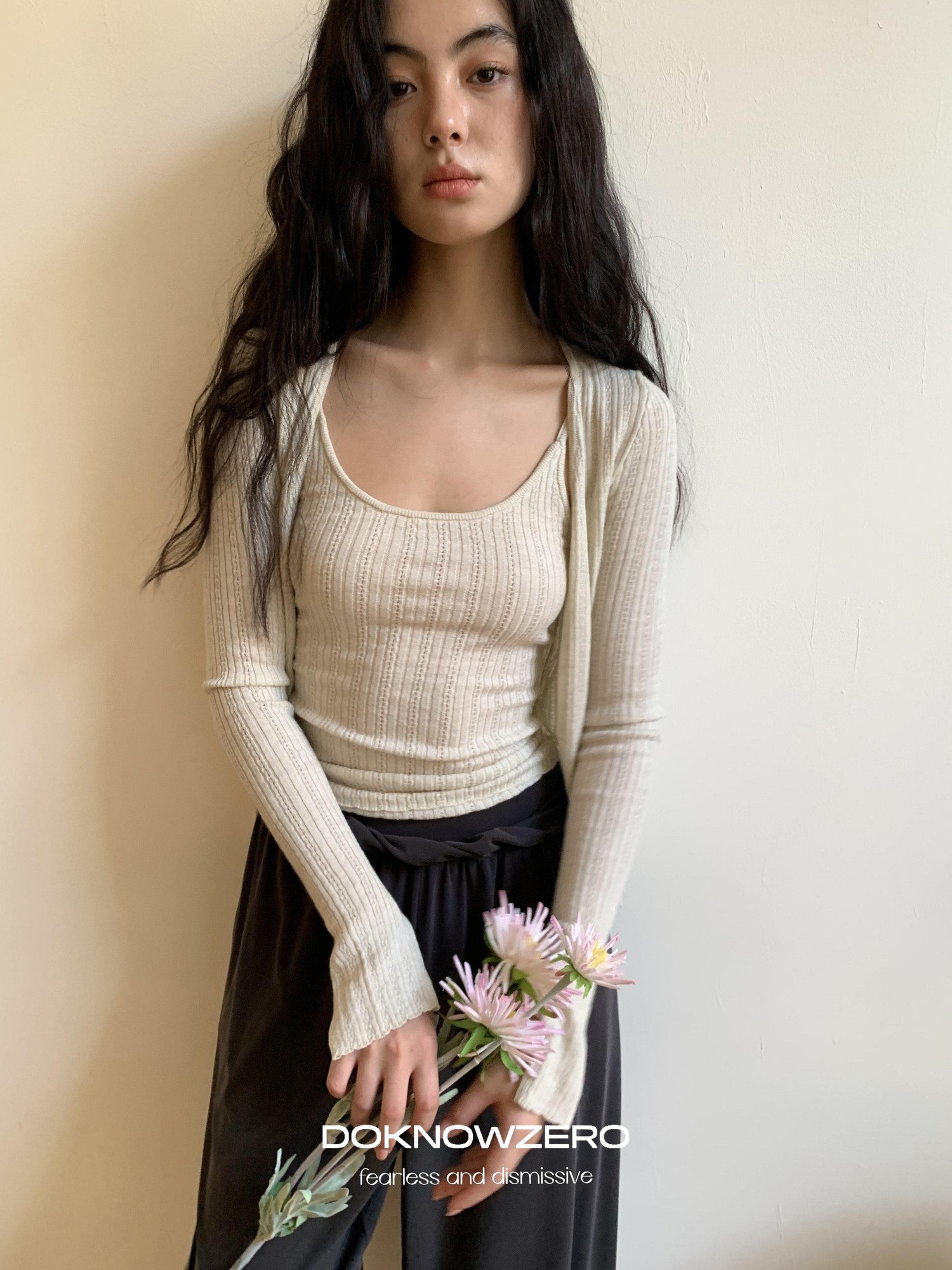 DKZ OFFICIAL Apricot Yellow Openwork Ribbed Knit Two Piece Women&