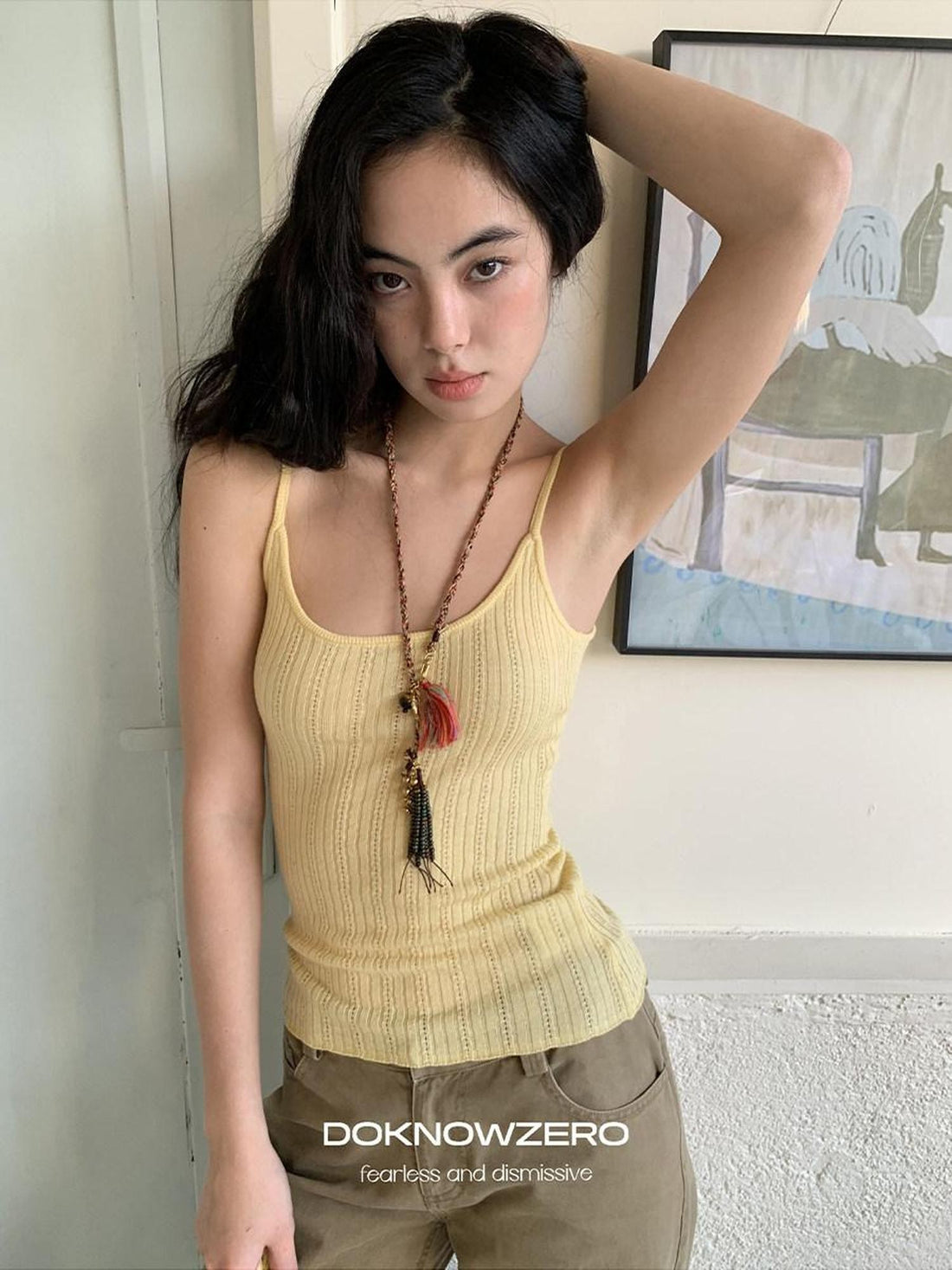 DKZ OFFICIAL Apricot Yellow Openwork Ribbed Knit Two Piece Women&