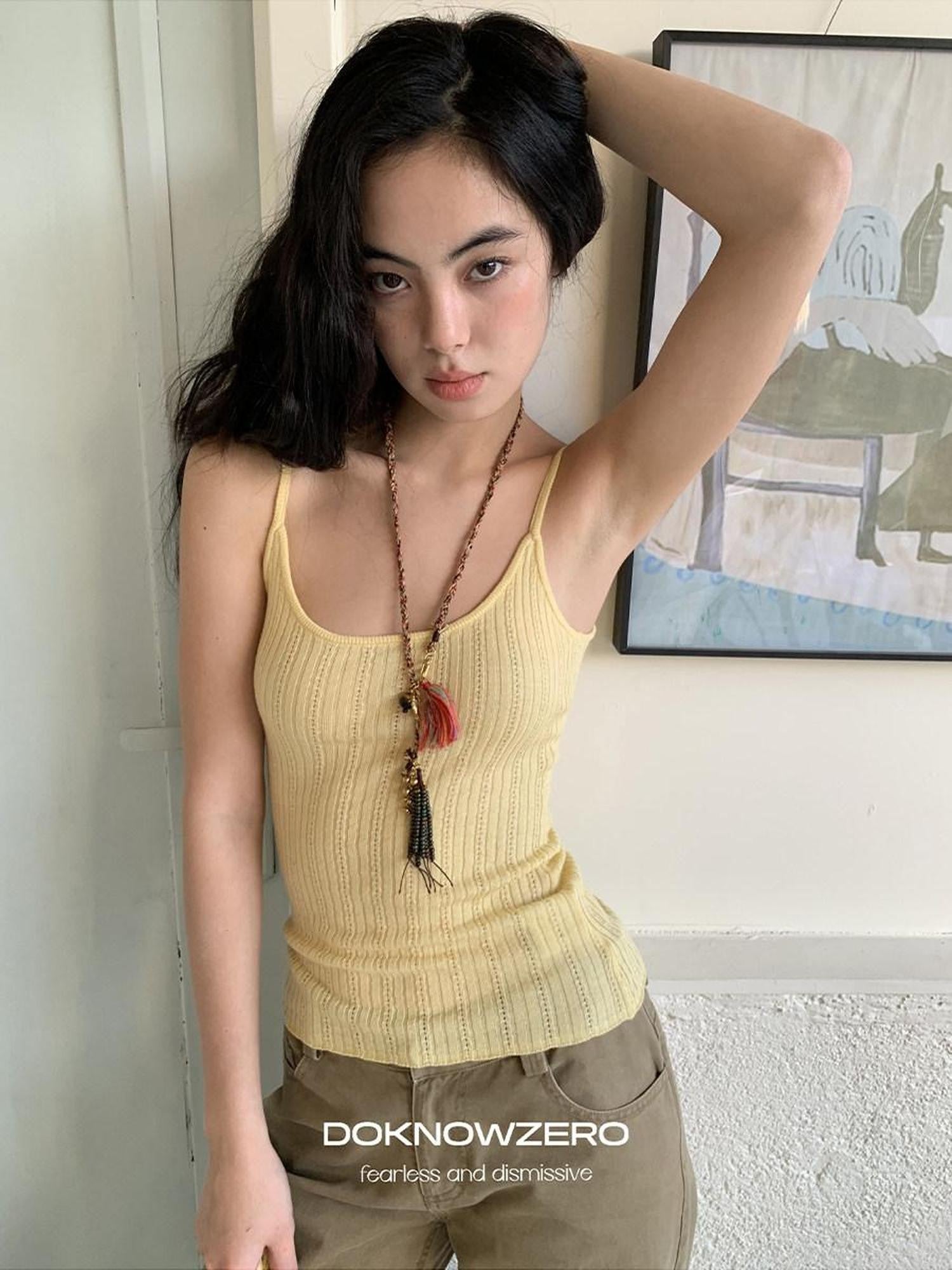 DKZ OFFICIAL Apricot Yellow Openwork Ribbed Knit Two Piece Women&