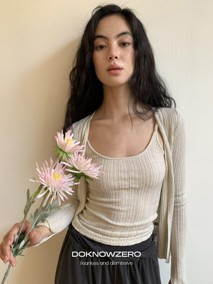 DKZ OFFICIAL Apricot Yellow Openwork Ribbed Knit Two Piece Women&