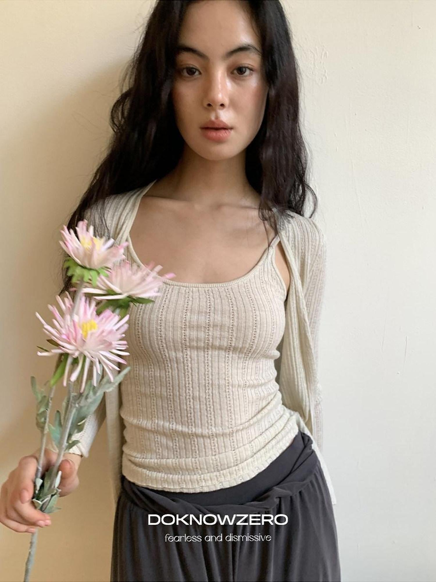 DKZ OFFICIAL Apricot Yellow Openwork Ribbed Knit Two Piece Women&