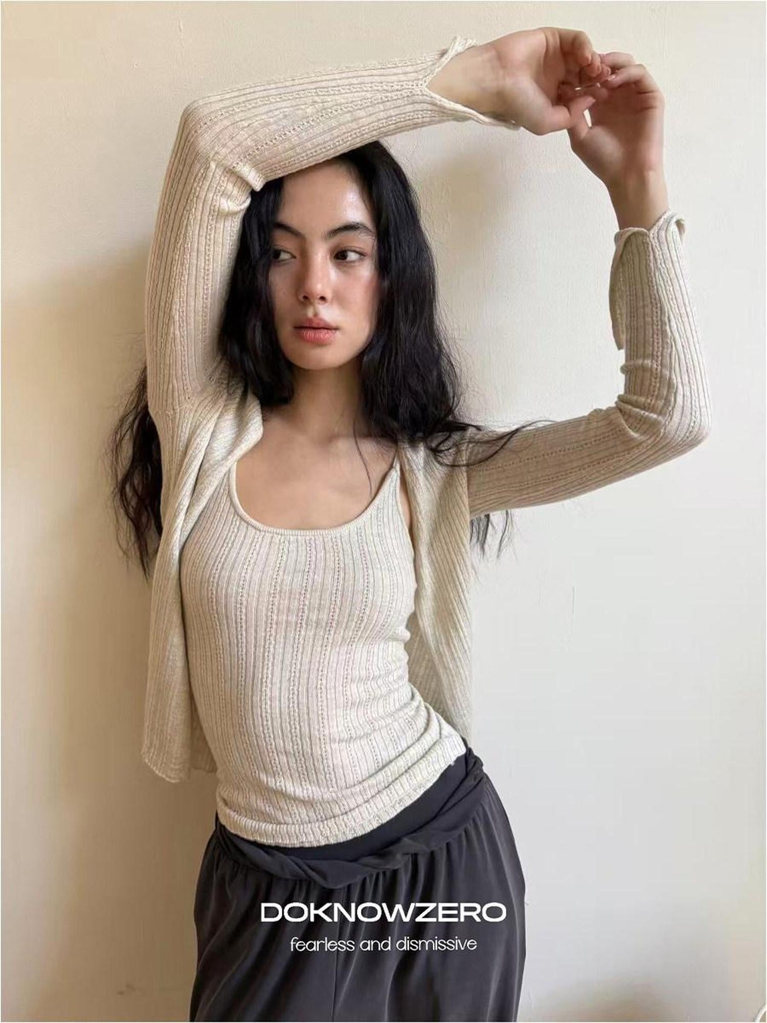 DKZ OFFICIAL Apricot Yellow Openwork Ribbed Knit Two Piece Women&