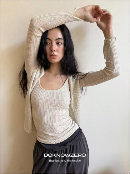 DKZ OFFICIAL Apricot Yellow Openwork Ribbed Knit Two Piece Women&