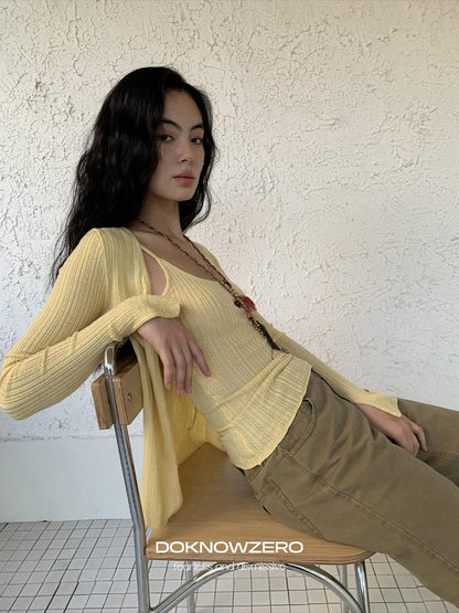 DKZ OFFICIAL Apricot Yellow Openwork Ribbed Knit Two Piece Women&