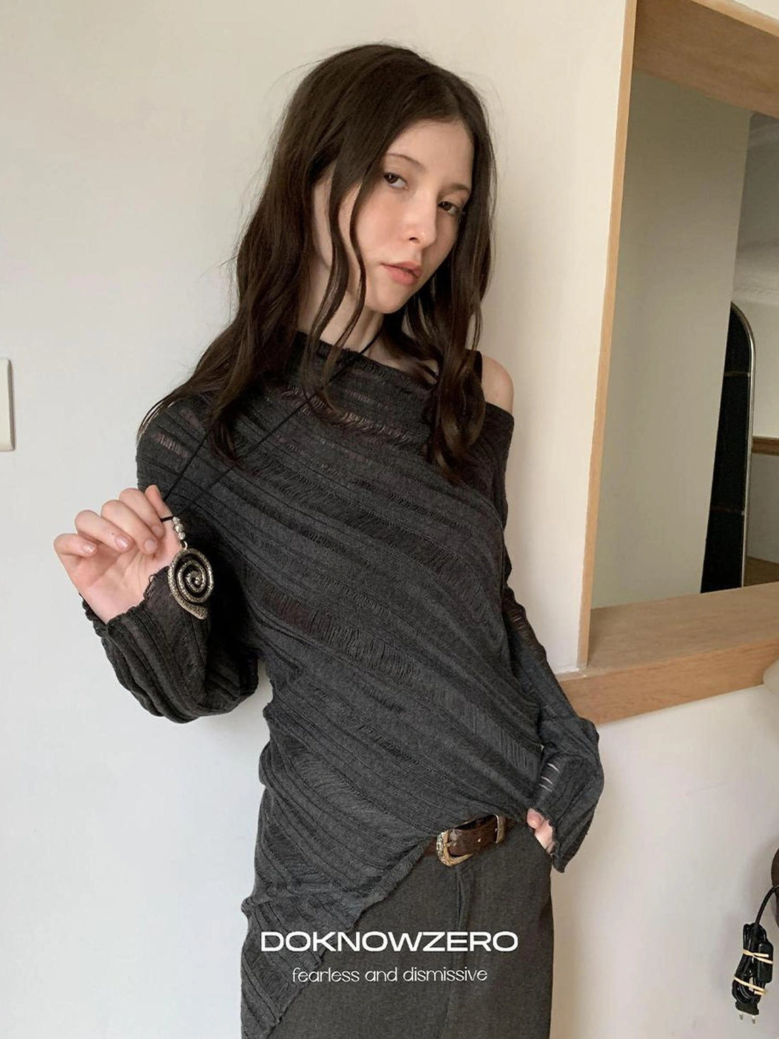 DKZ OFFICIAL Asymmetric Bias Cut Textured Knit Long Sleeve V-neck Top