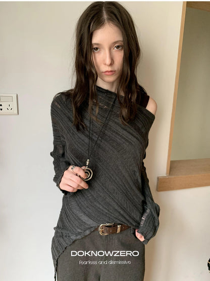 DKZ OFFICIAL Asymmetric Bias Cut Textured Knit Long Sleeve V-neck Top