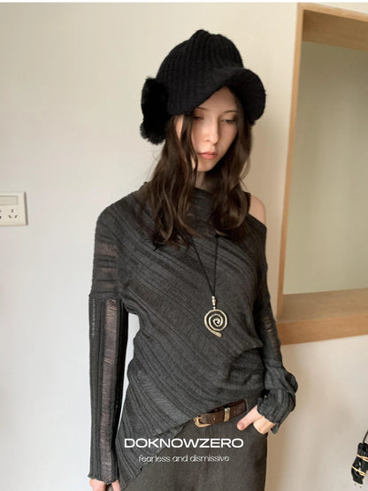 DKZ OFFICIAL Asymmetric Bias Cut Textured Knit Long Sleeve V-neck Top