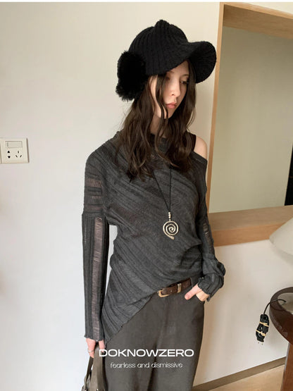 DKZ OFFICIAL Asymmetric Bias Cut Textured Knit Long Sleeve V-neck Top