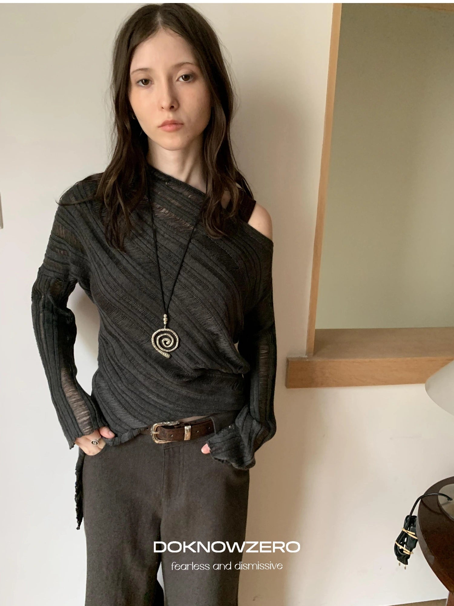 DKZ OFFICIAL Asymmetric Bias Cut Textured Knit Long Sleeve V-neck Top