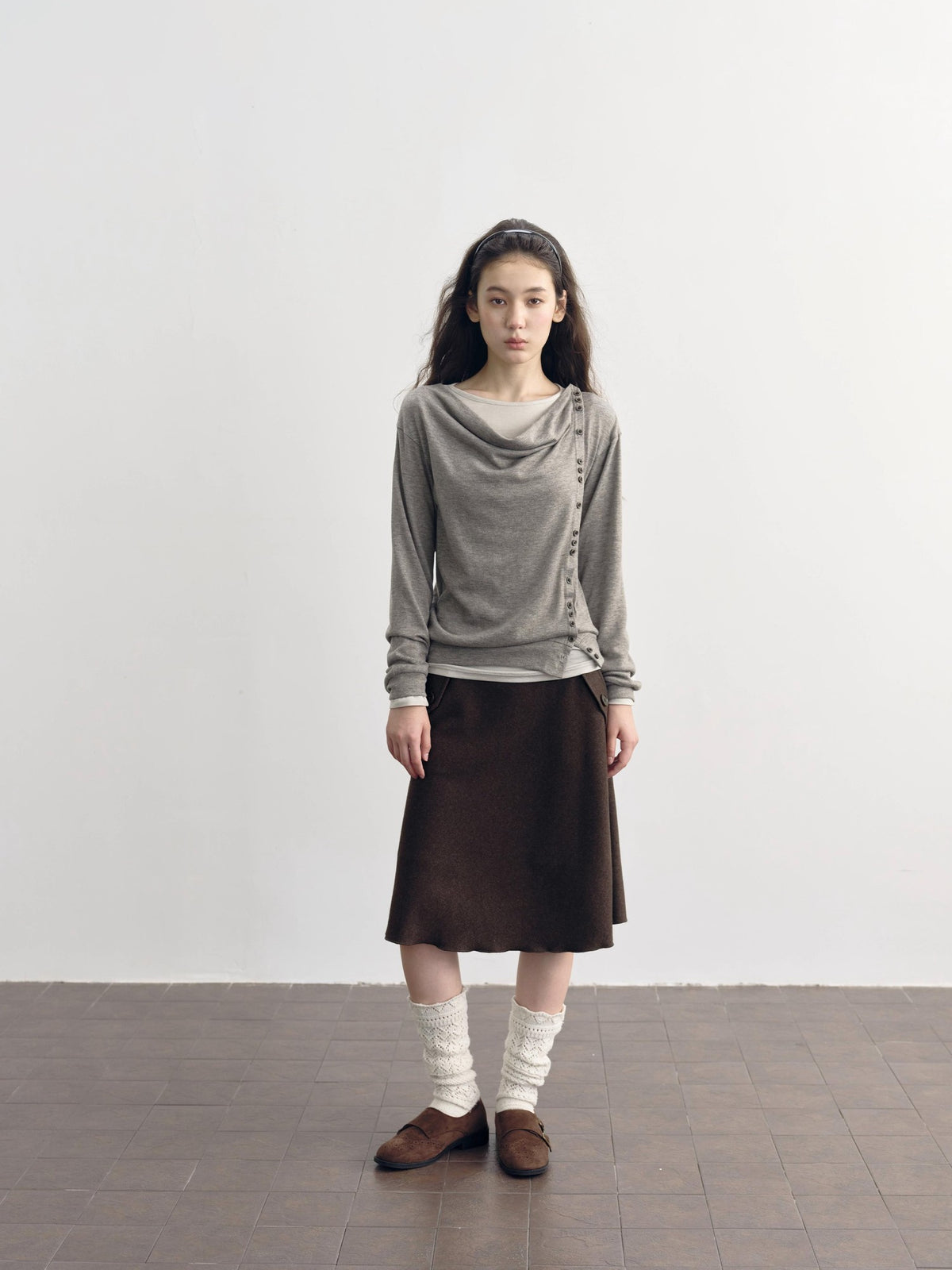 DKZ OFFICIAL Asymmetric Button Drape Neck Cardigan Two Piece Women&