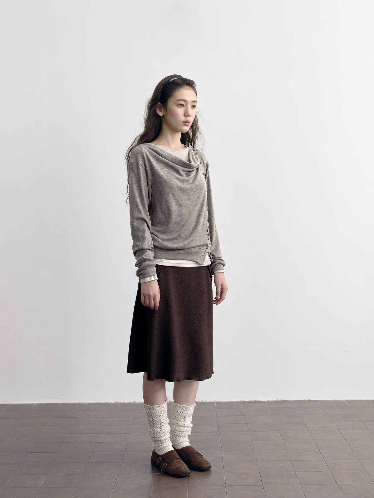 DKZ OFFICIAL Asymmetric Button Drape Neck Cardigan Two Piece Women&