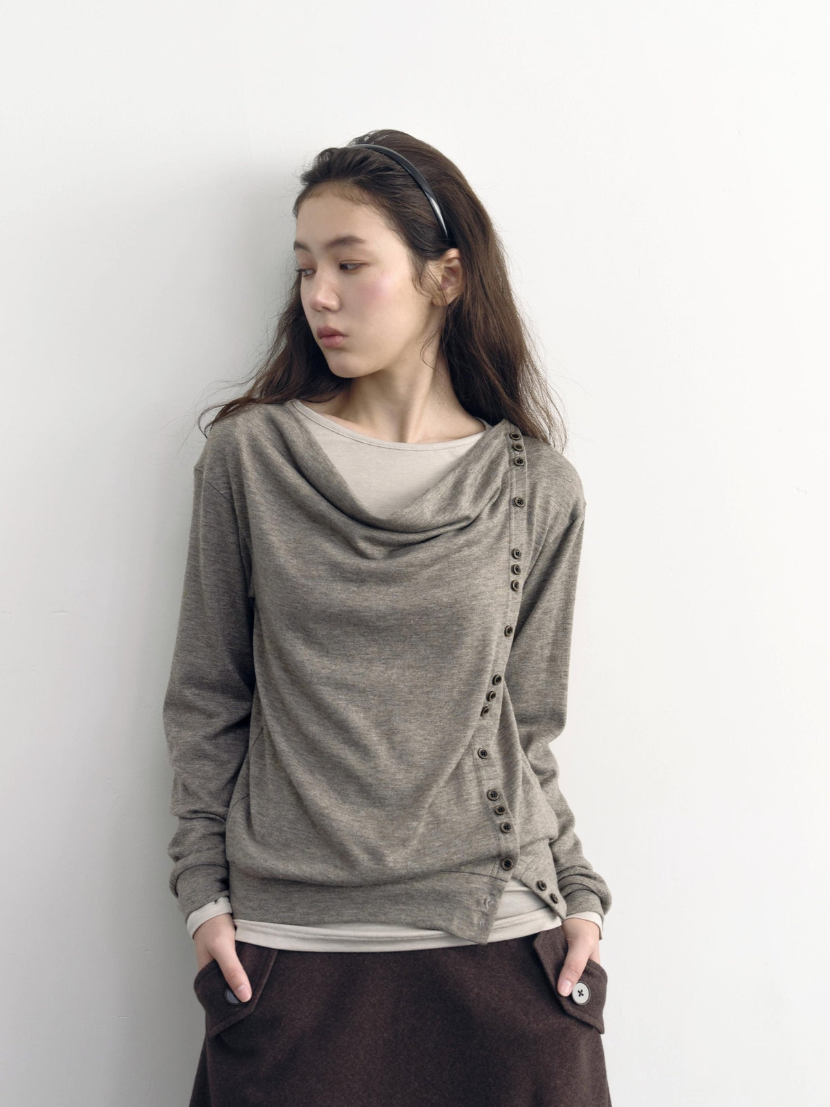 DKZ OFFICIAL Asymmetric Button Drape Neck Cardigan Two Piece Women&