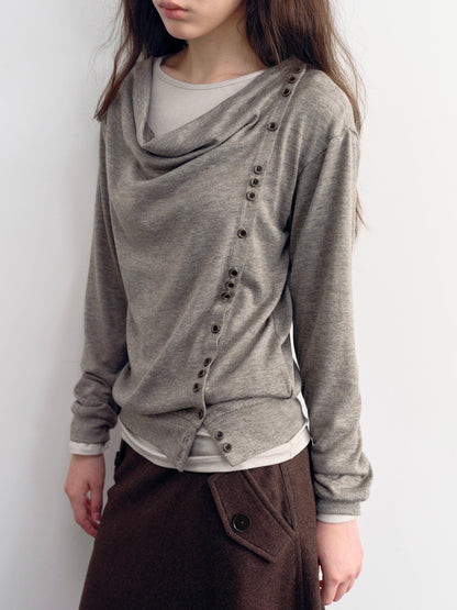 DKZ OFFICIAL Asymmetric Button Drape Neck Cardigan Two Piece Women&