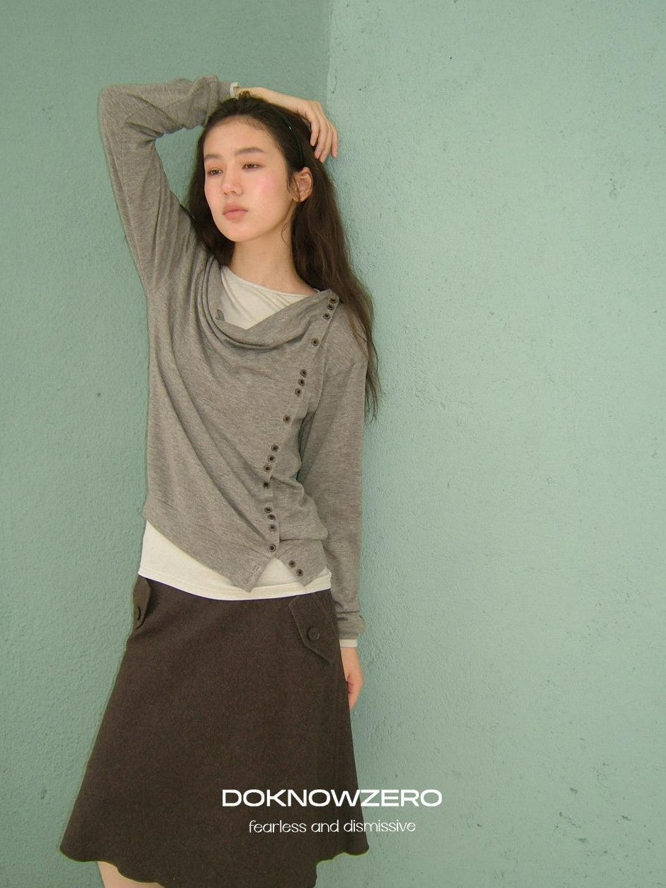DKZ OFFICIAL Asymmetric Button Drape Neck Cardigan Two Piece Women&