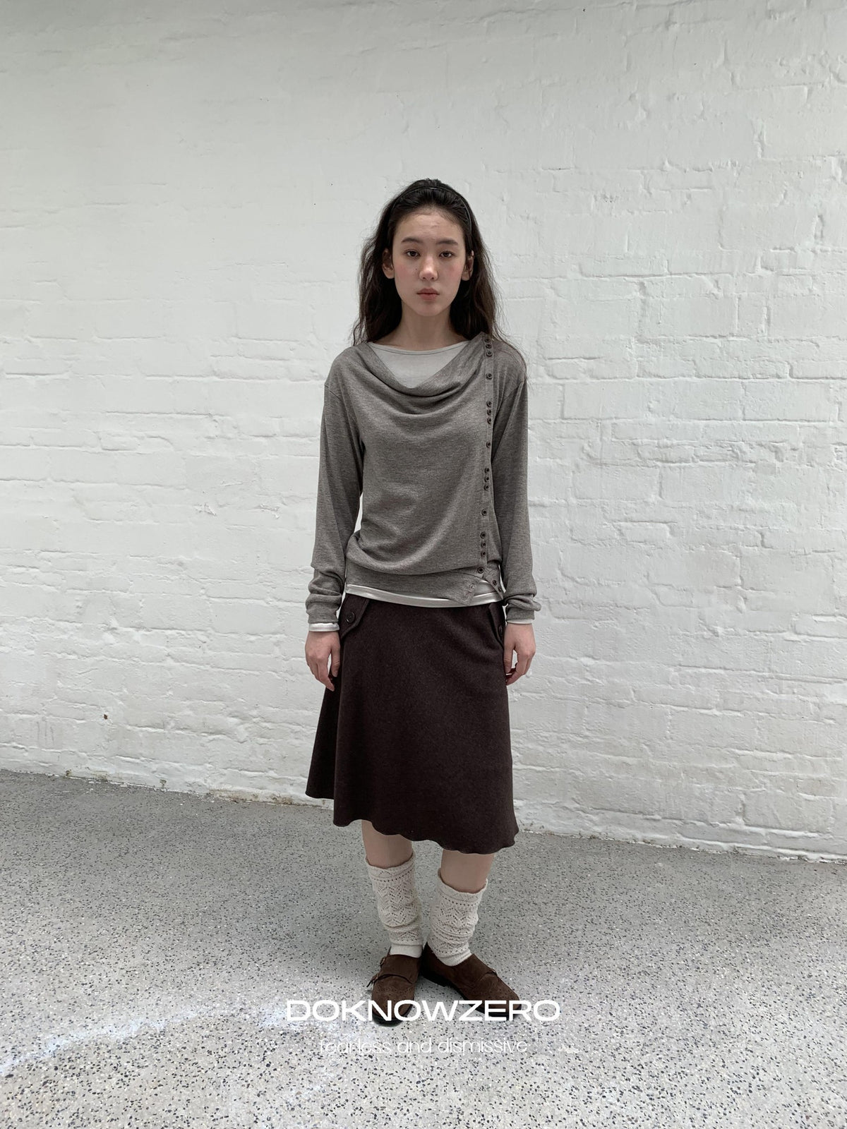 DKZ OFFICIAL Asymmetric Button Drape Neck Cardigan Two Piece Women&