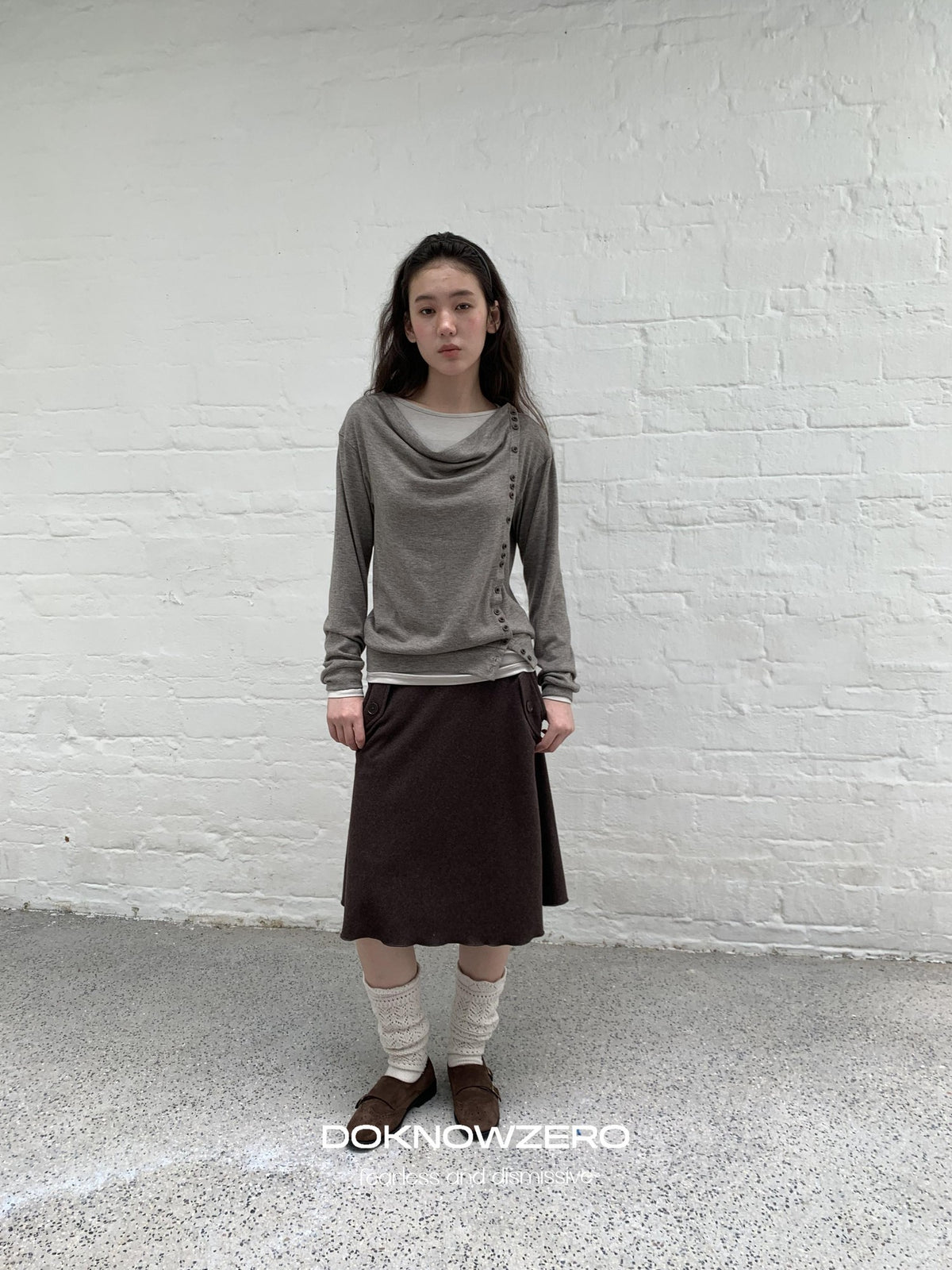 DKZ OFFICIAL Asymmetric Button Drape Neck Cardigan Two Piece Women&
