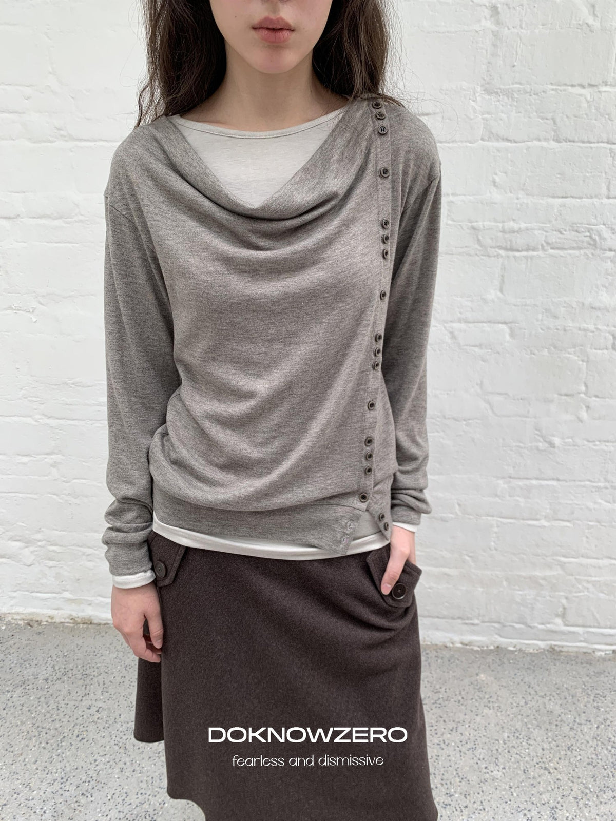 DKZ OFFICIAL Asymmetric Button Drape Neck Cardigan Two Piece Women&