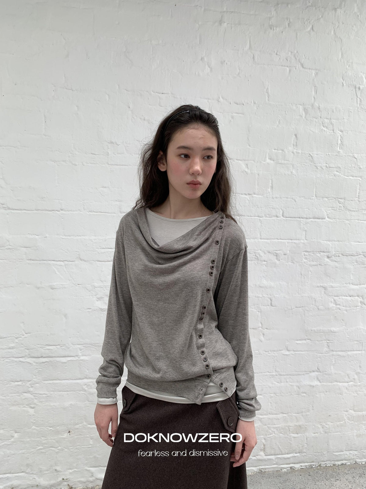 DKZ OFFICIAL Asymmetric Button Drape Neck Cardigan Two Piece Women&