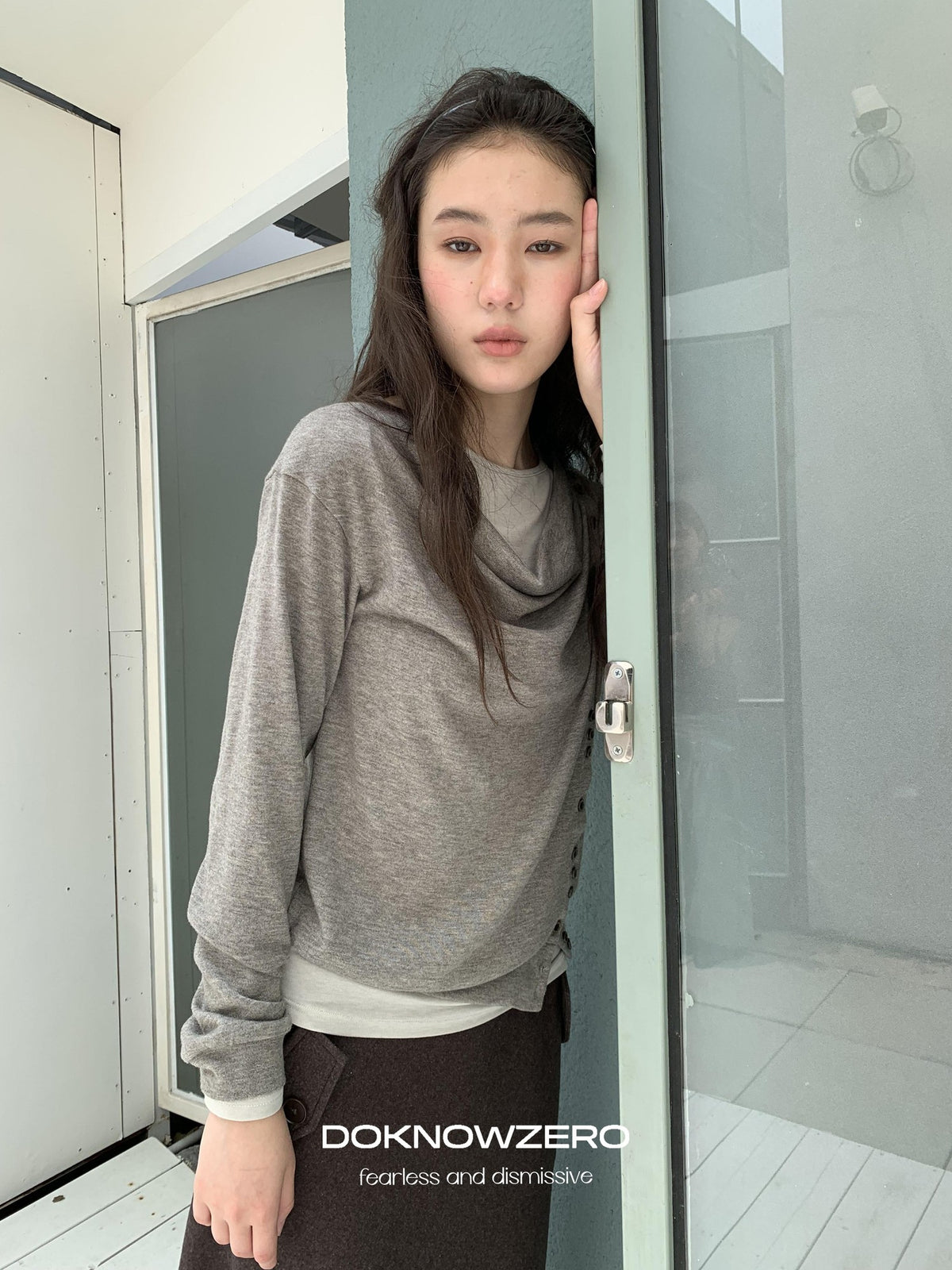 DKZ OFFICIAL Asymmetric Button Drape Neck Cardigan Two Piece Women&