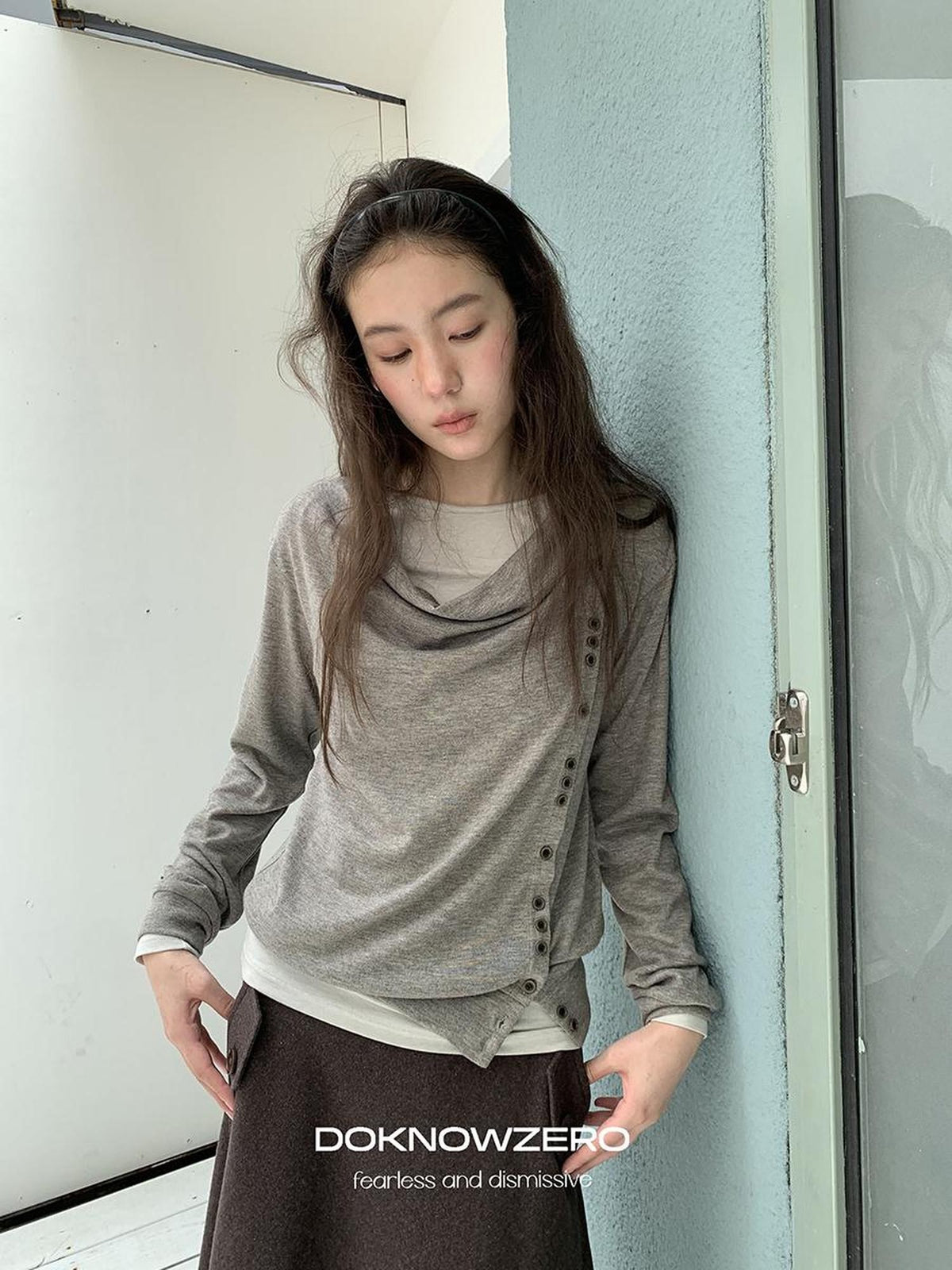 DKZ OFFICIAL Asymmetric Button Drape Neck Cardigan Two Piece Women&