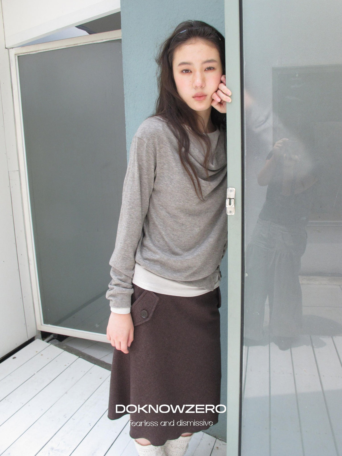 DKZ OFFICIAL Asymmetric Button Drape Neck Cardigan Two Piece Women&
