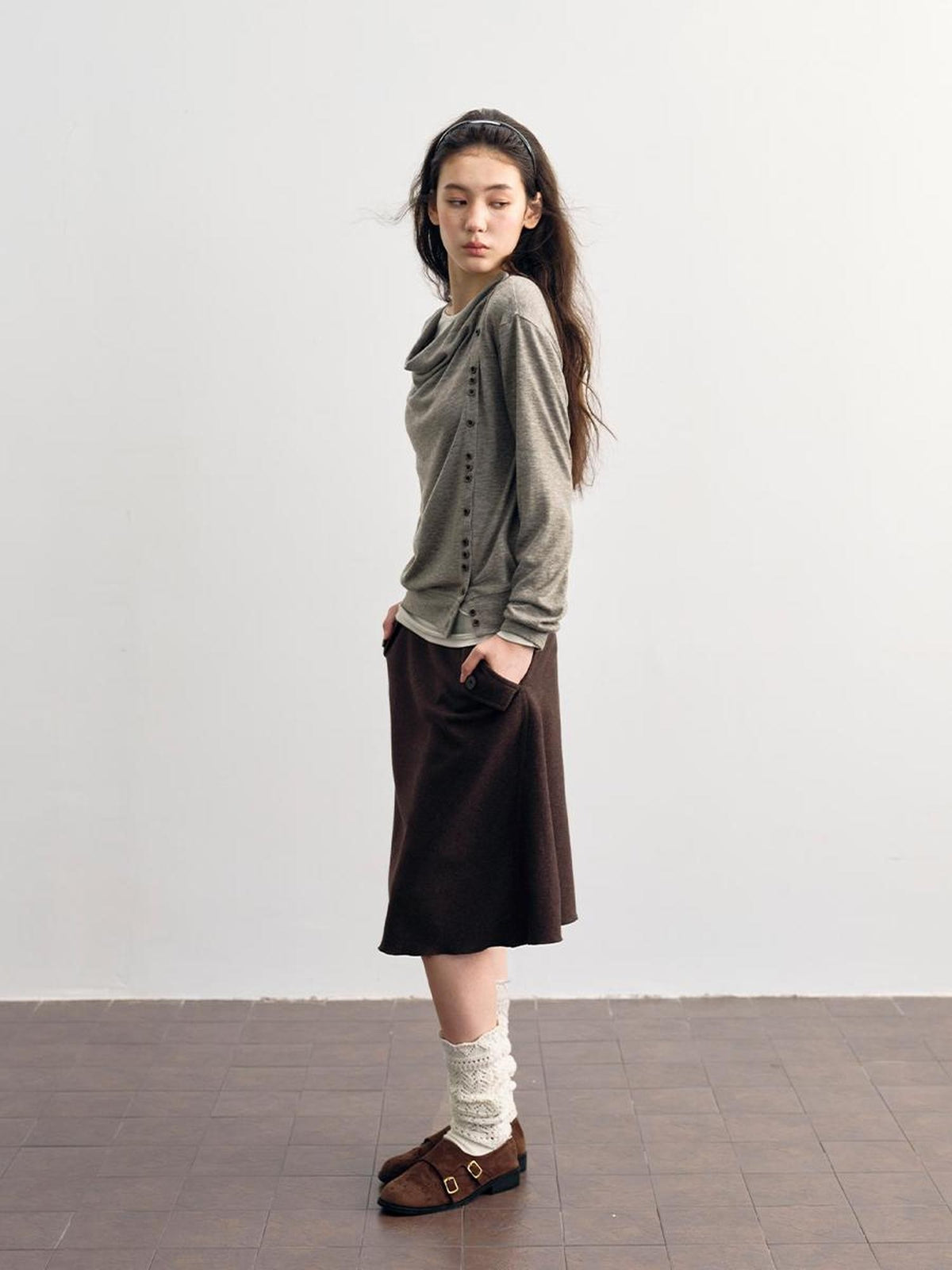 DKZ OFFICIAL Asymmetric Button Drape Neck Cardigan Two Piece Women&