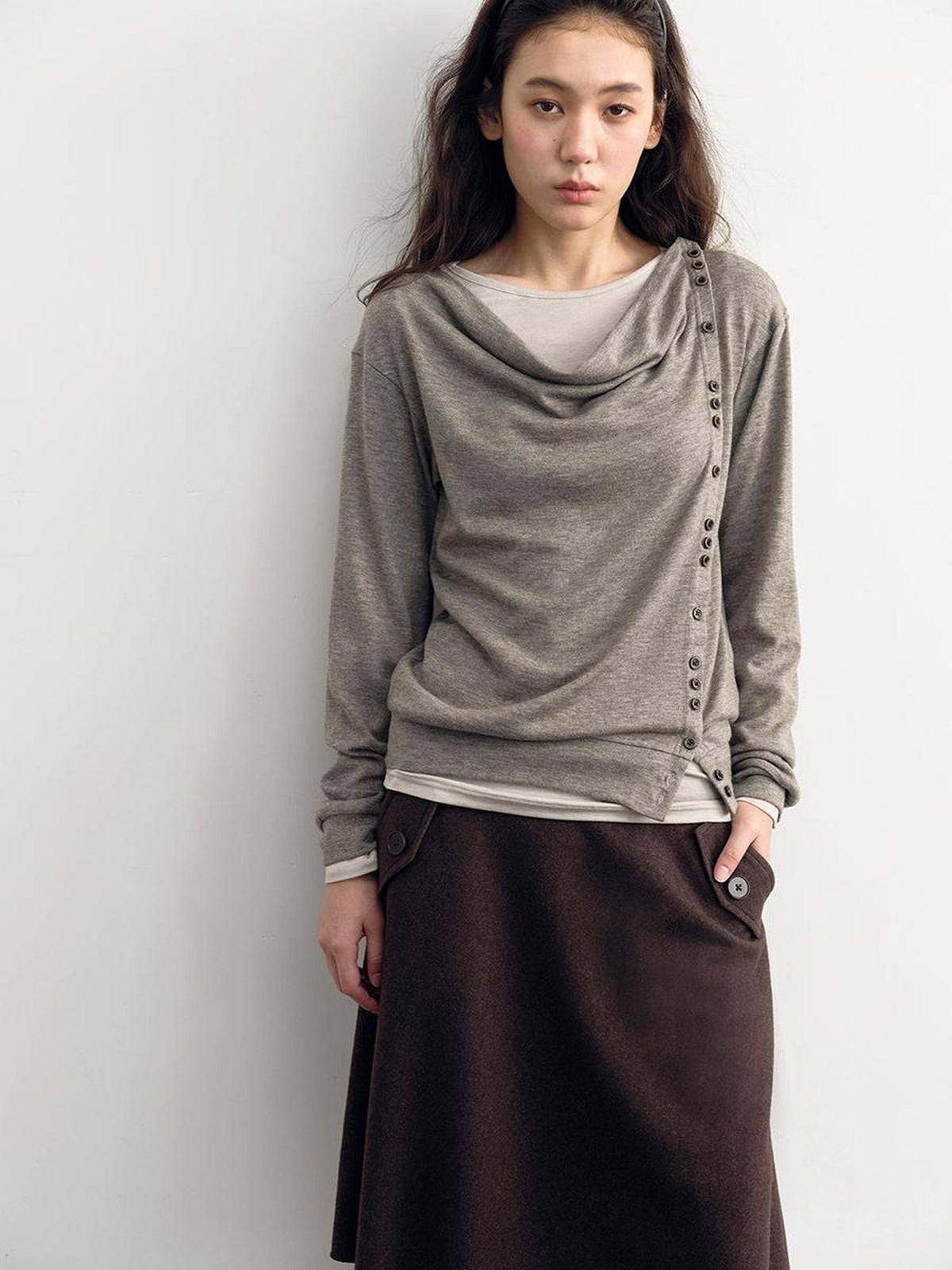 DKZ OFFICIAL Asymmetric Button Drape Neck Cardigan Two Piece Women&