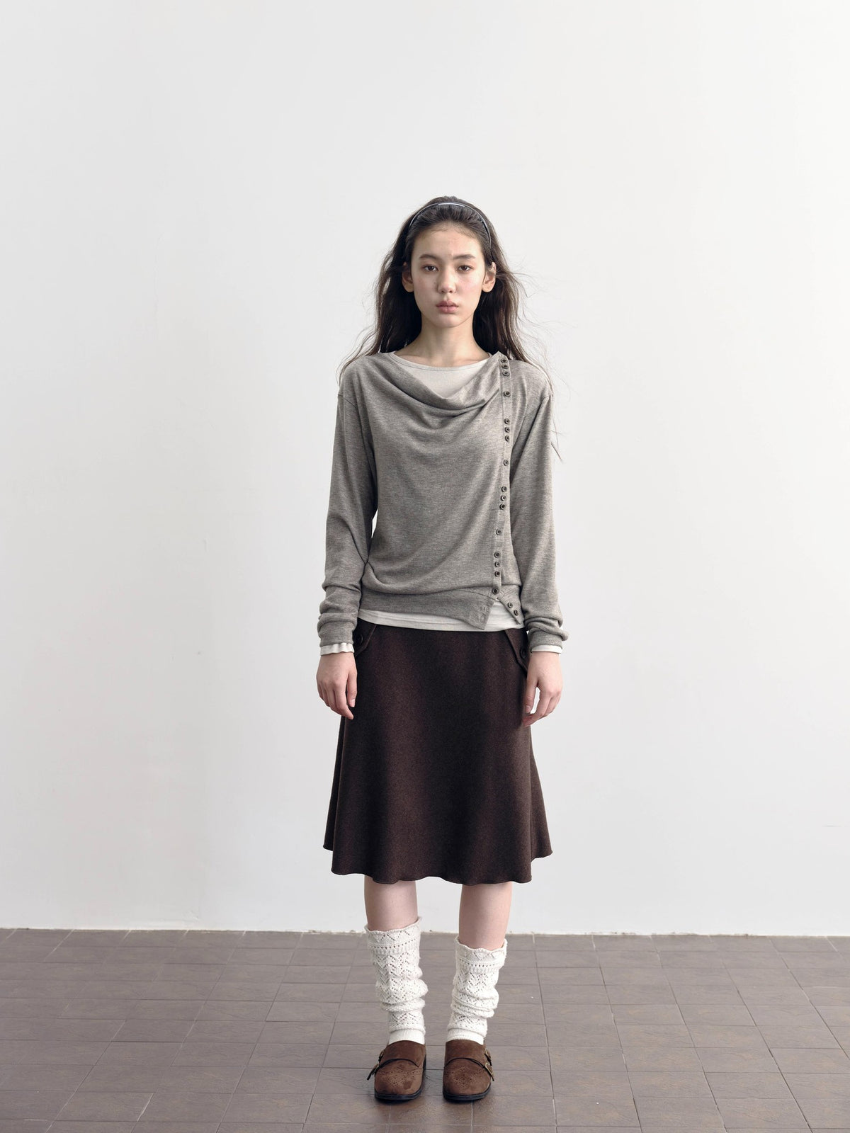 DKZ OFFICIAL Asymmetric Button Drape Neck Cardigan Two Piece Women&