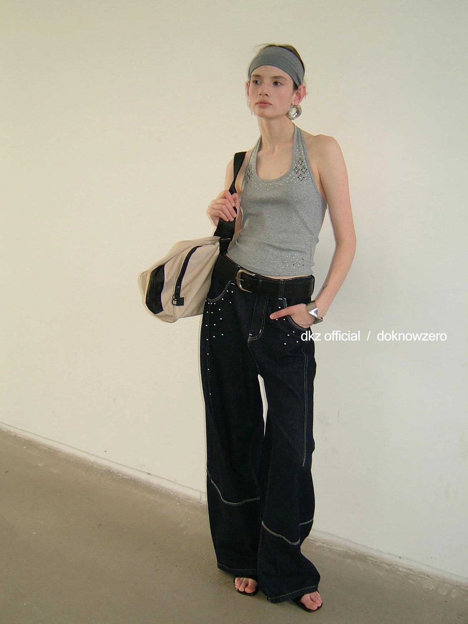 DKZ OFFICIAL Asymmetric Halter Top With Beaded Vest Two Piece Set