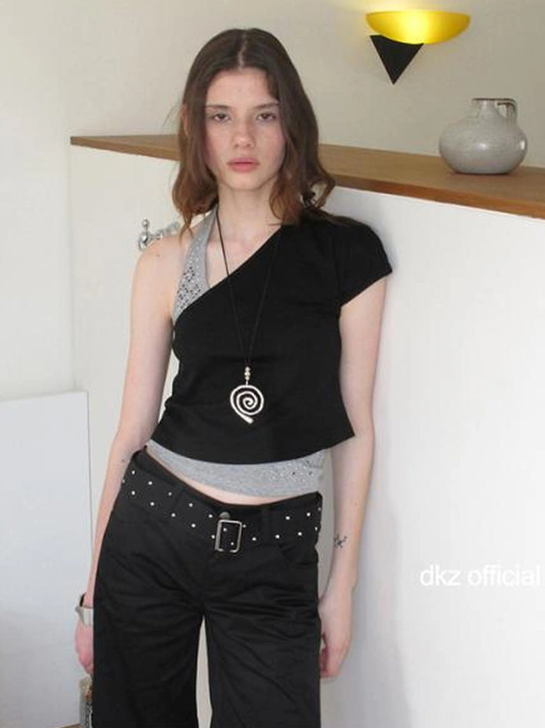 DKZ OFFICIAL Asymmetric Halter Top With Beaded Vest Two Piece Set