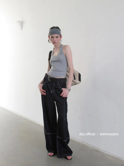 DKZ OFFICIAL Asymmetric Halter Top With Beaded Vest Two Piece Set