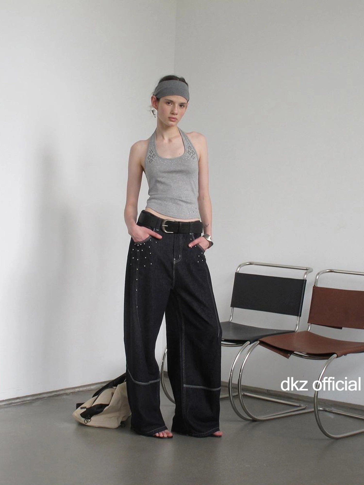DKZ OFFICIAL Asymmetric Halter Top With Beaded Vest Two Piece Set
