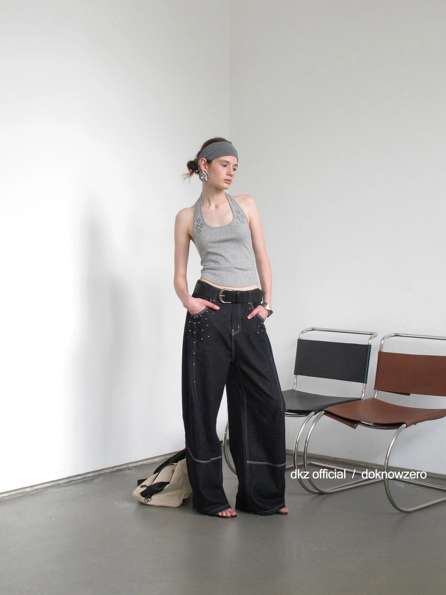 DKZ OFFICIAL Asymmetric Halter Top With Beaded Vest Two Piece Set