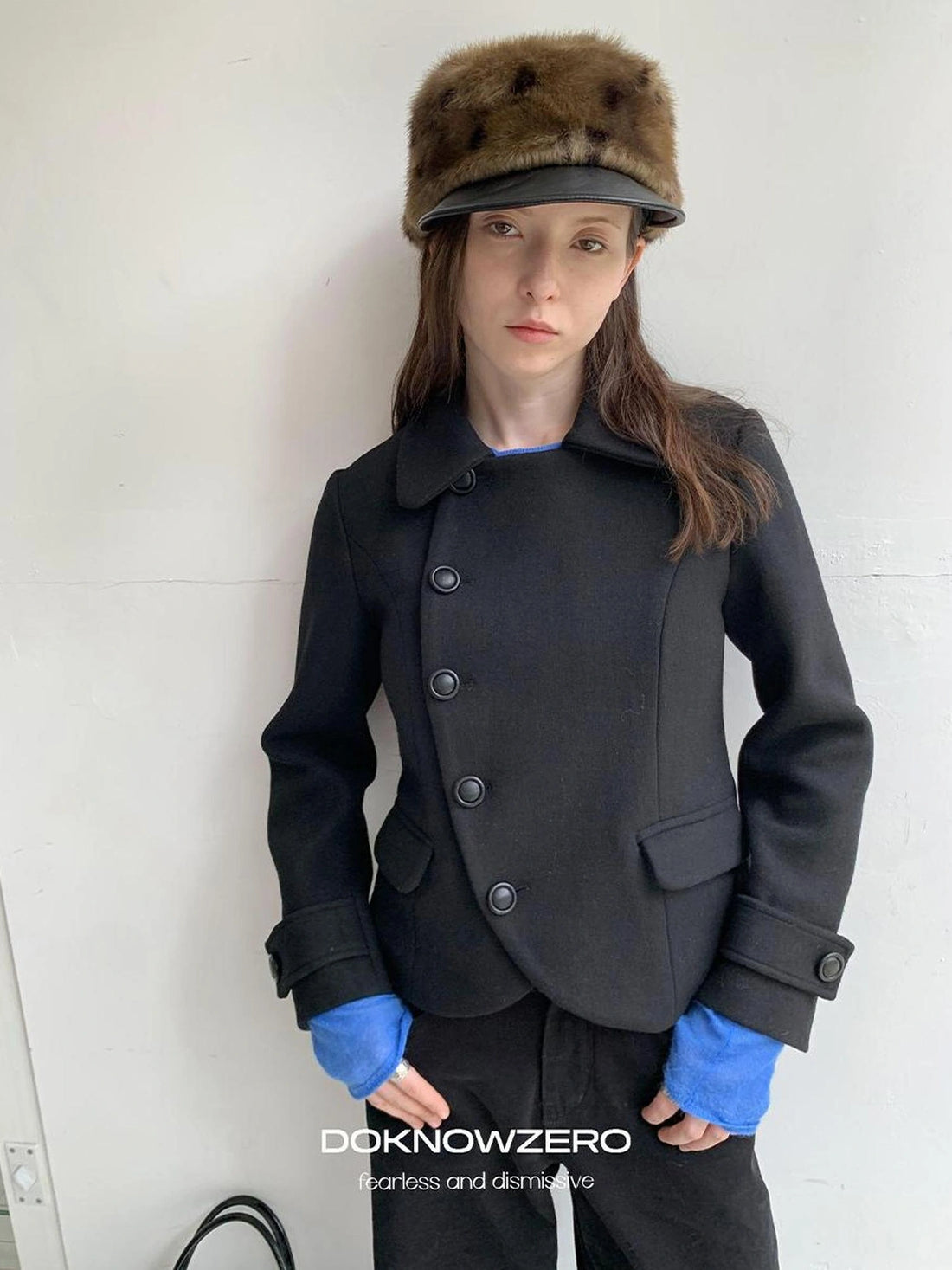 DKZ OFFICIAL Asymmetric Placket Slim Fit Short Wool Coat