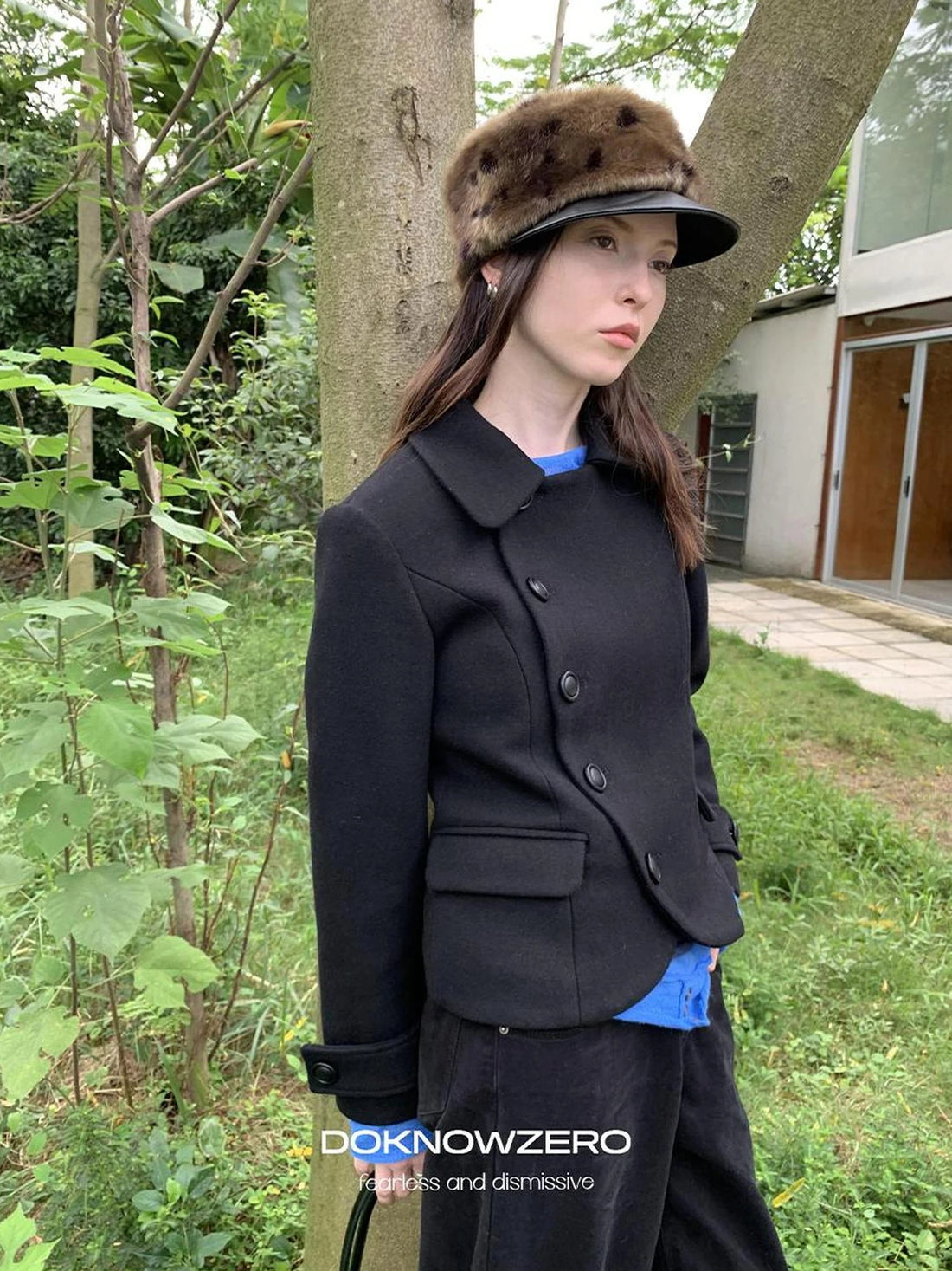 DKZ OFFICIAL Asymmetric Placket Slim Fit Short Wool Coat
