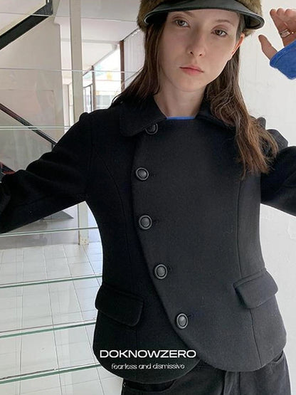 DKZ OFFICIAL Asymmetric Placket Slim Fit Short Wool Coat