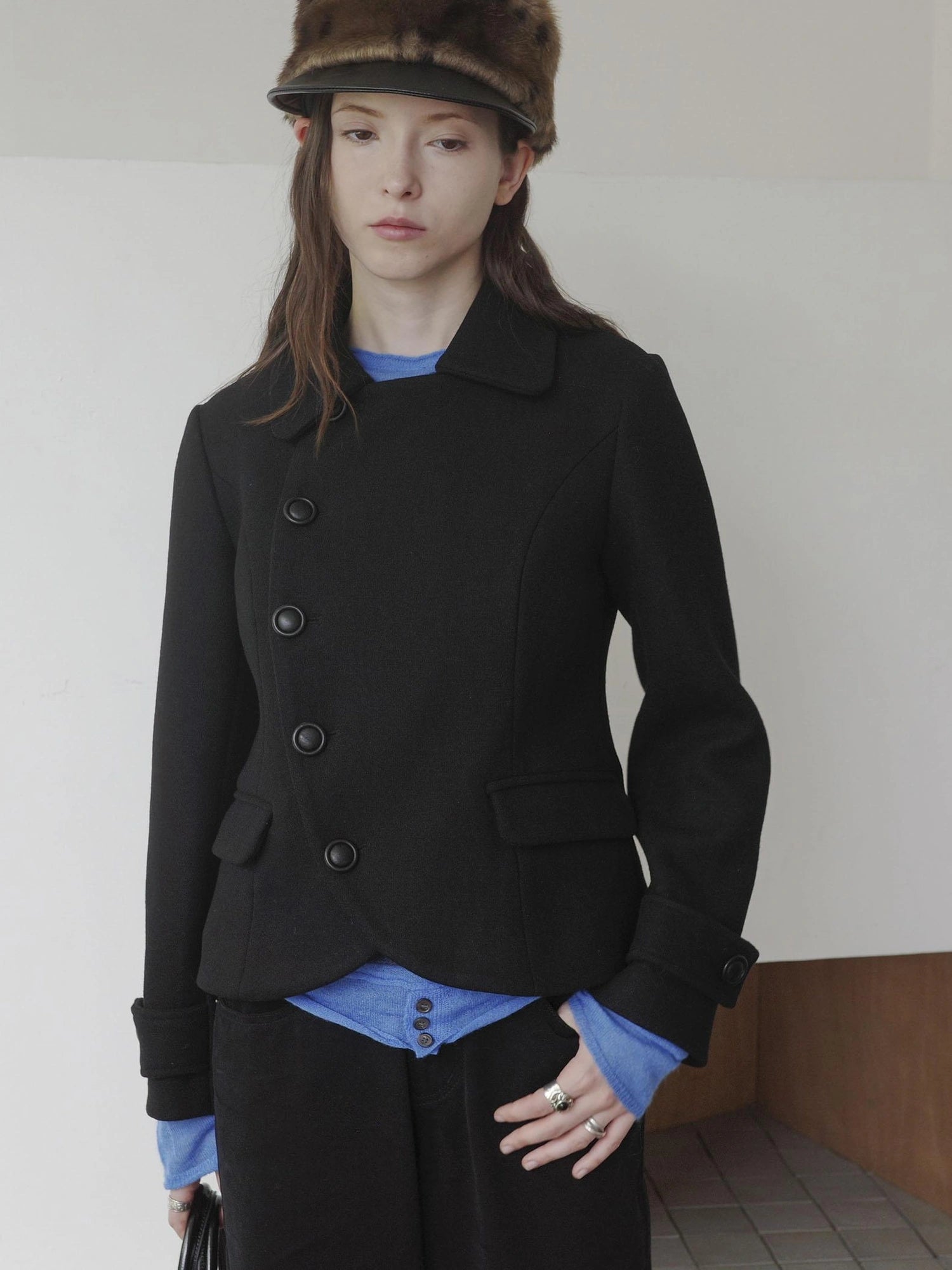 DKZ OFFICIAL Asymmetric Placket Slim Fit Short Wool Coat