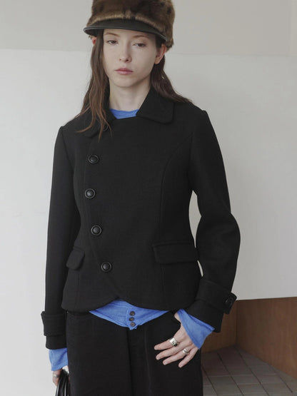 DKZ OFFICIAL Asymmetric Placket Slim Fit Short Wool Coat