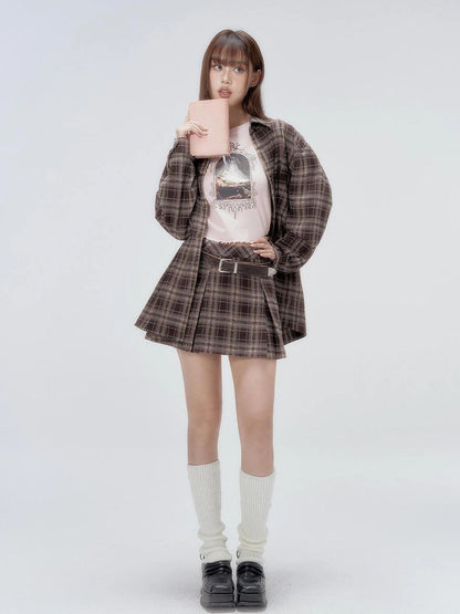 DKZ OFFICIAL Autumn High Waist Plaid A Line Skirt