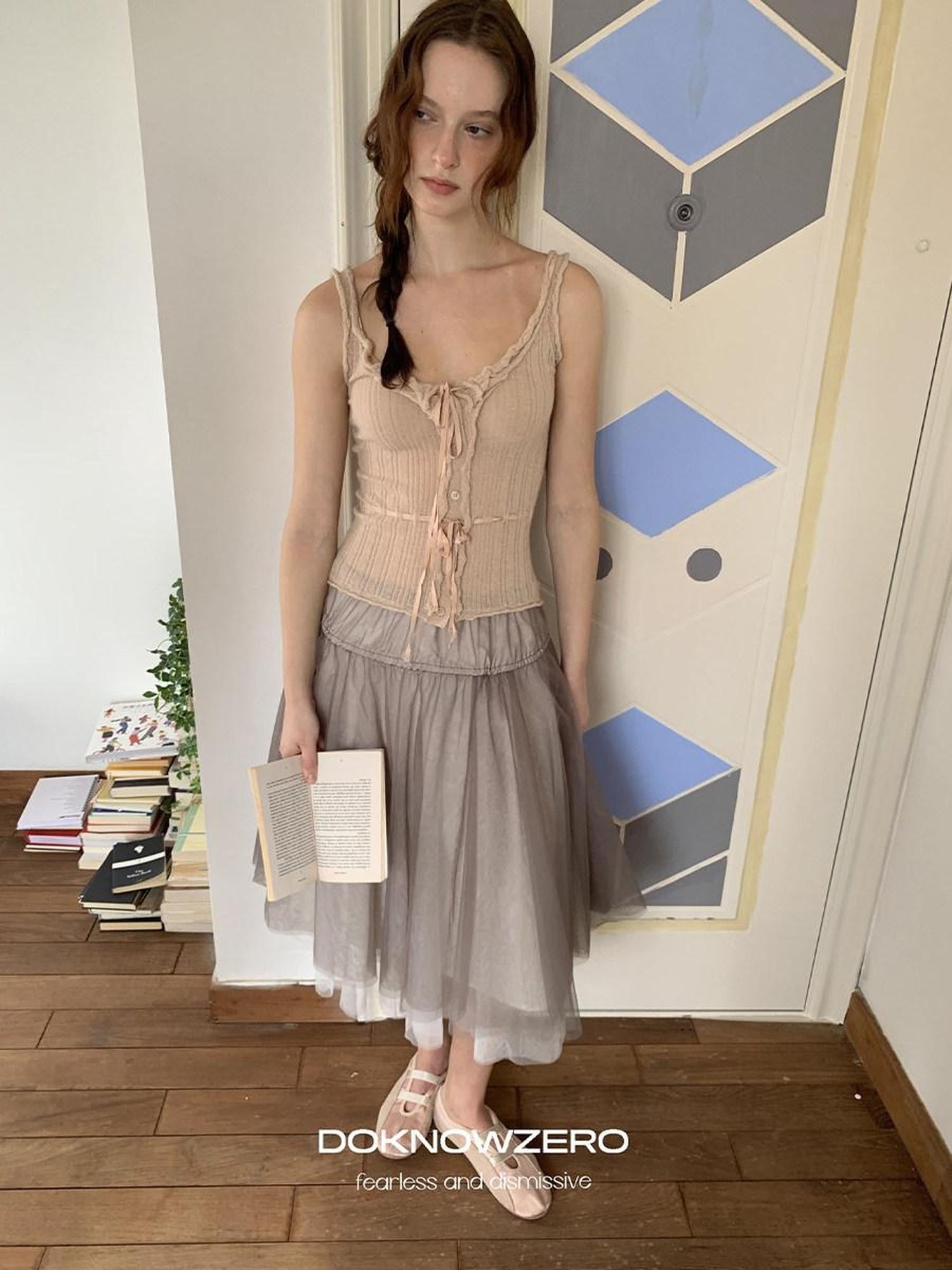 DKZ OFFICIAL Ballet Lace Trim Knitted H Line Tie Strap Women&