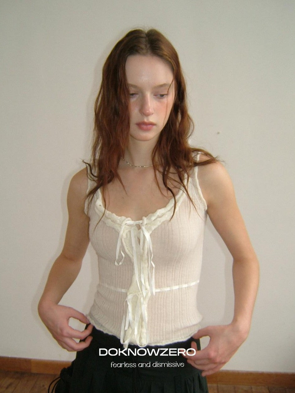 DKZ OFFICIAL Ballet Lace Trim Knitted H Line Tie Strap Women&