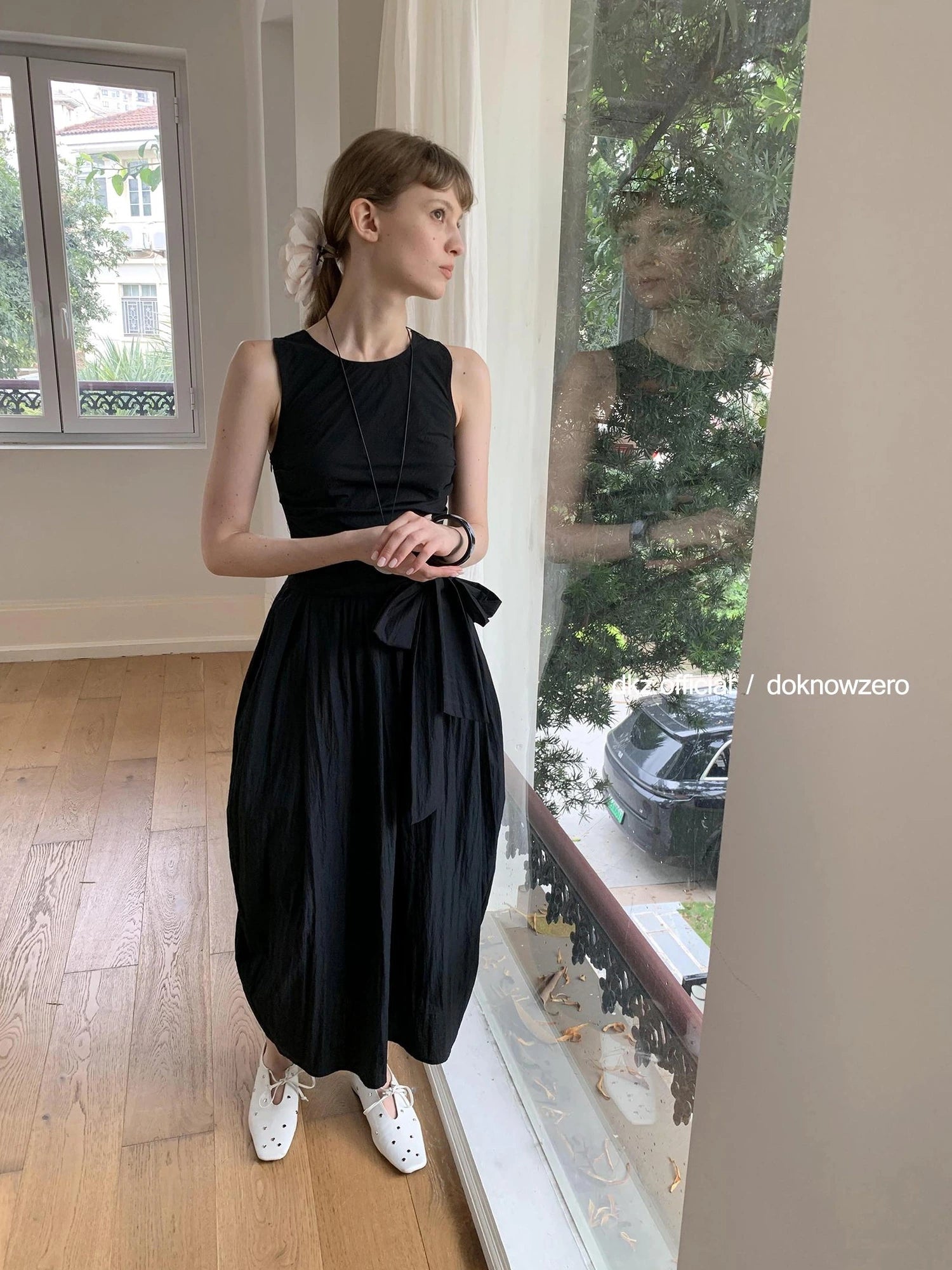 DKZ OFFICIAL Beaded Tie Waist Blossom Midi Dress