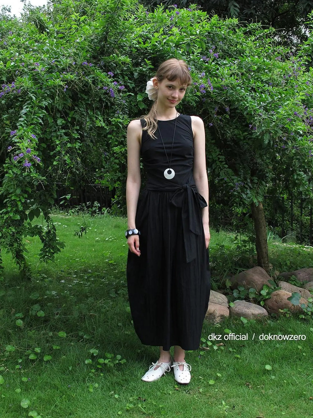 DKZ OFFICIAL Beaded Tie Waist Blossom Midi Dress