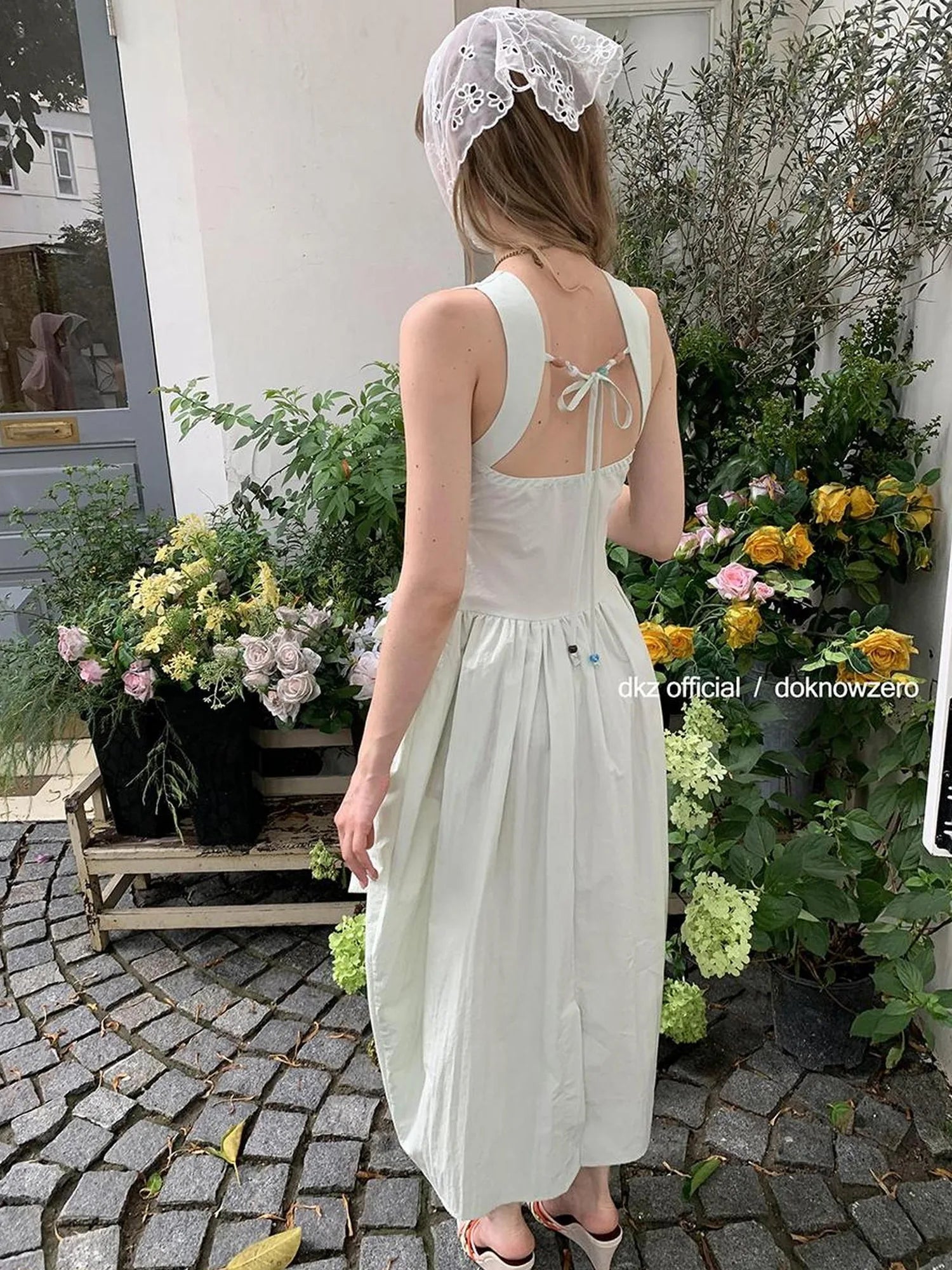 DKZ OFFICIAL Beaded Tie Waist Blossom Midi Dress