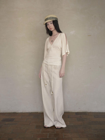 DKZ OFFICIAL Beige Natural Waist Drawstring Button Women&