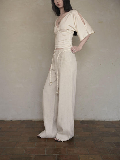 DKZ OFFICIAL Beige Natural Waist Drawstring Button Women&