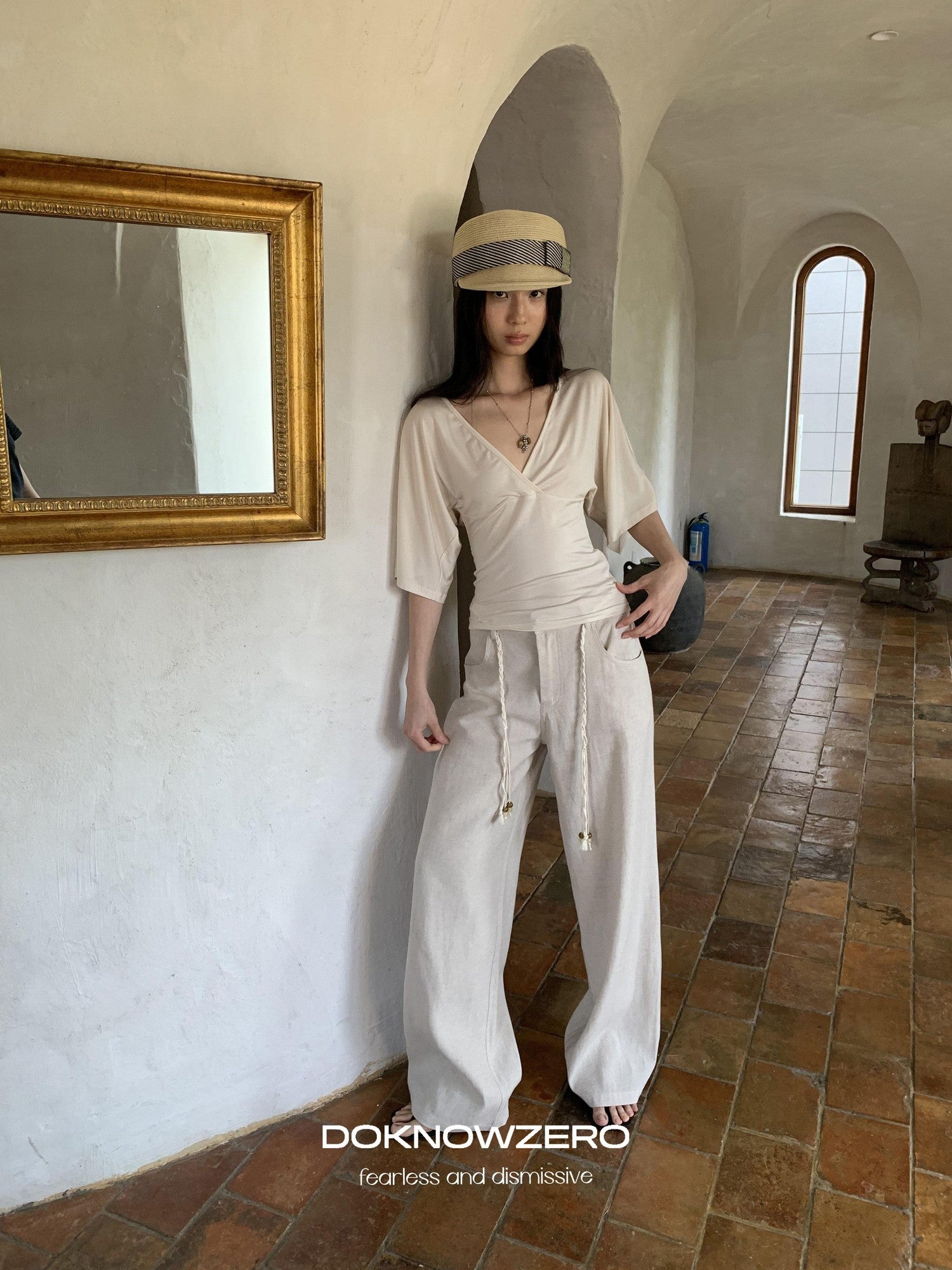 DKZ OFFICIAL Beige Natural Waist Drawstring Button Women&