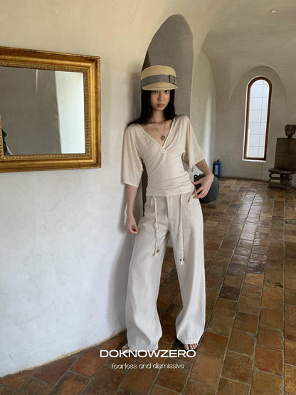 DKZ OFFICIAL Beige Natural Waist Drawstring Button Women&