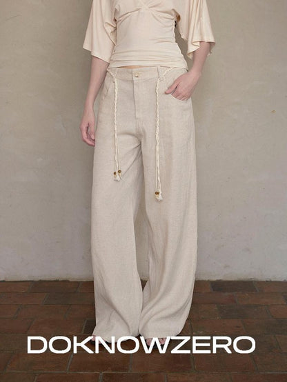 DKZ OFFICIAL Beige Natural Waist Drawstring Button Women&